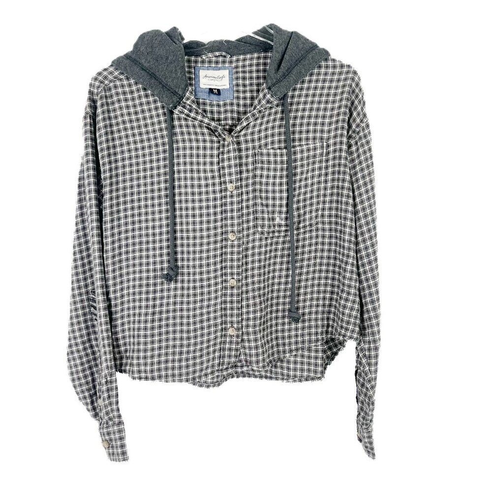 NWT American Eagle Cropped Hooded Flannel Shirt Plaid Size Medium M NEW - Picture 2 of 12